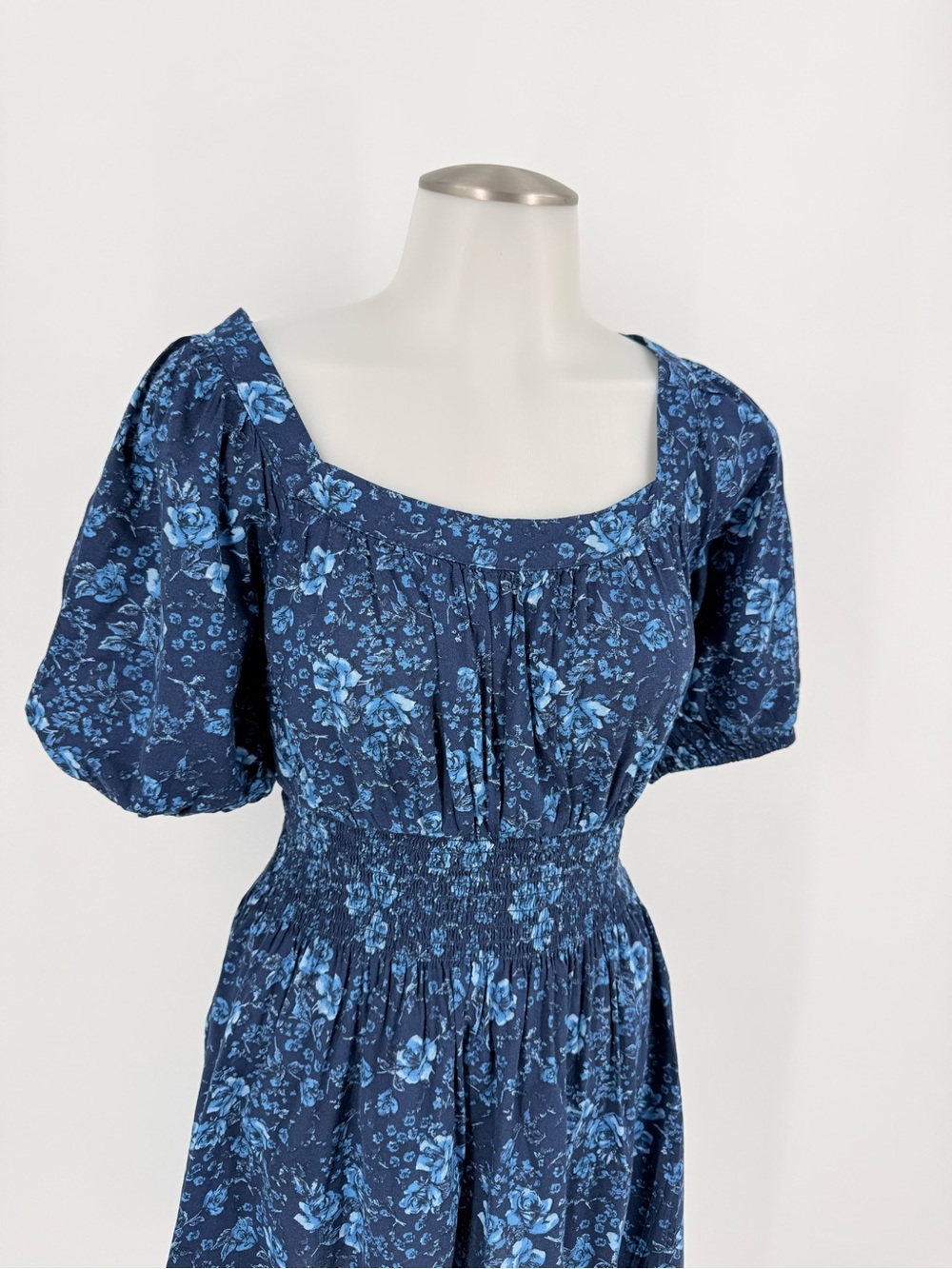 Old Navy Dark Blue Floral Square-Neck Mini Dress with Puff Sleeves - Picture 2 of 5